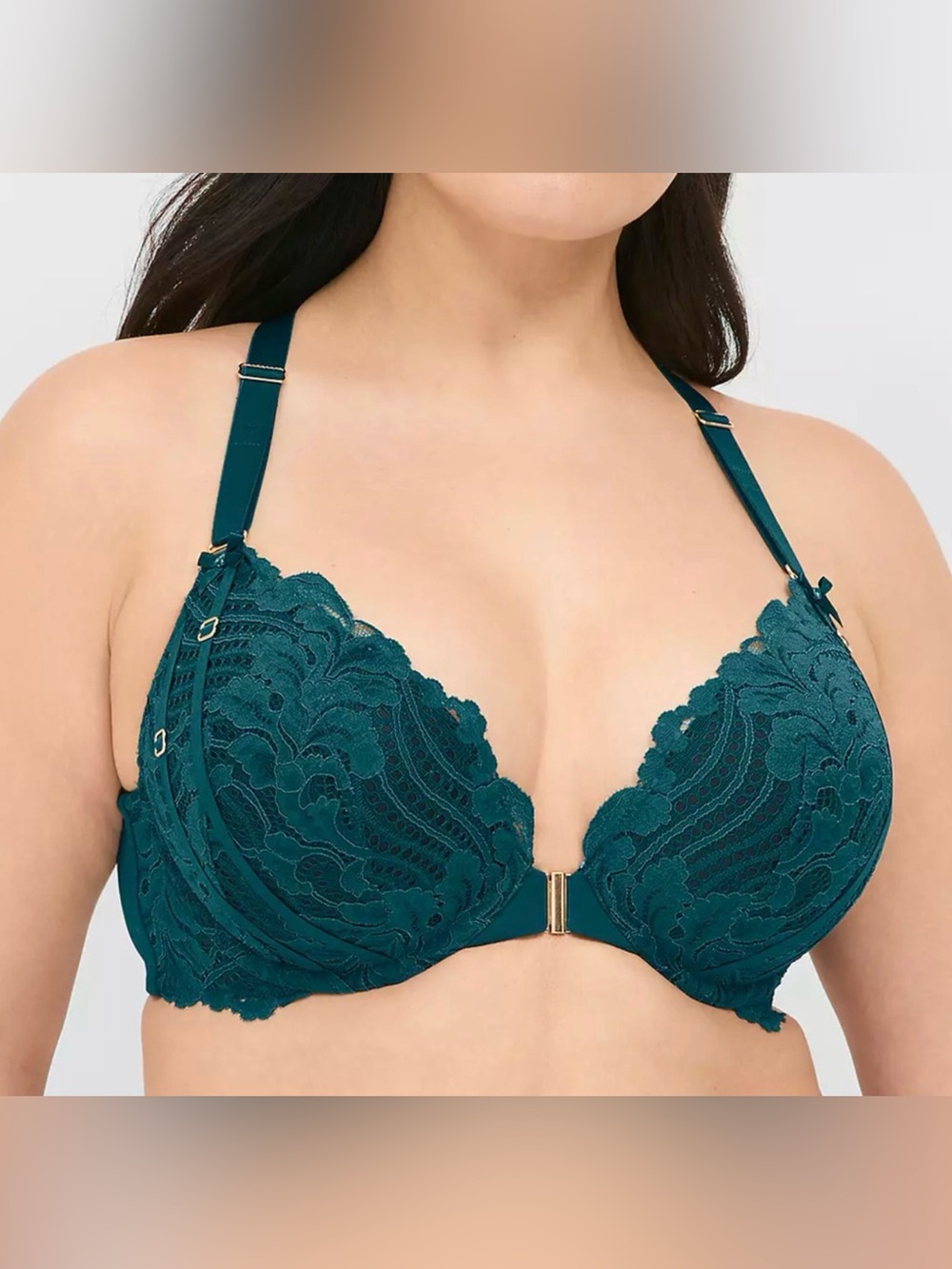NEW CACIQUE LANE BRYANT GREEN FRONT CLOSE LACE BOOST PLUNGE PUSH UP BRA SZ 50C